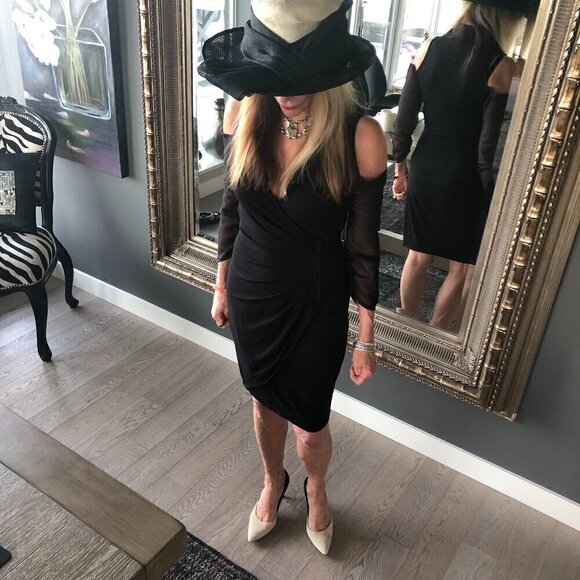 CACHE LBD Cold shoulder collar wrap Midi Dress zipper & gathers Stretch body S - Picture 3 of 15